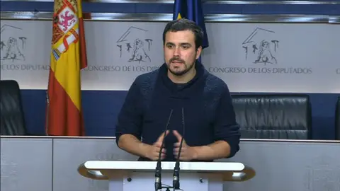 Alberto Garzón, durante un rueda de prensa en el Congreso de los Diputados Alberto Garzón, durante un rueda de prensa en el Congreso de los Diputados