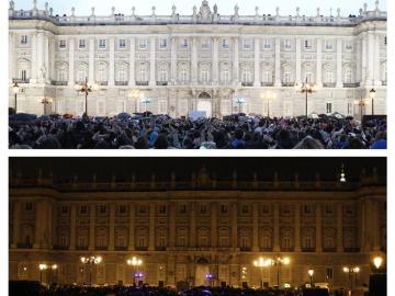 Combo de fotografías del Palacio Real de Madrid durante la Hora del Planeta
