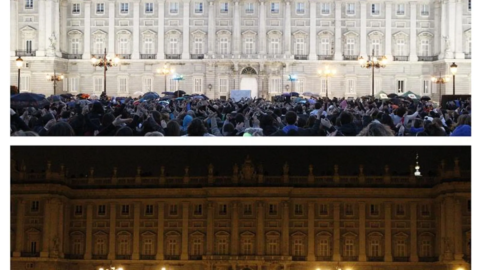 Combo de fotografías del Palacio Real de Madrid durante la Hora del Planeta Combo de fotografías del Palacio Real de Madrid durante la Hora del Planeta