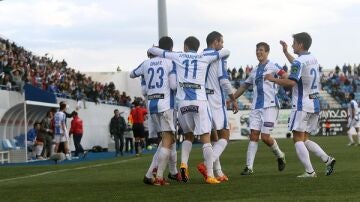 El Leganés festeja uno de sus goles ante el Ponferradina