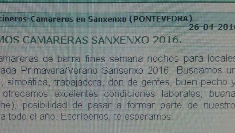 Oferta publicada en la página Mil Anuncios