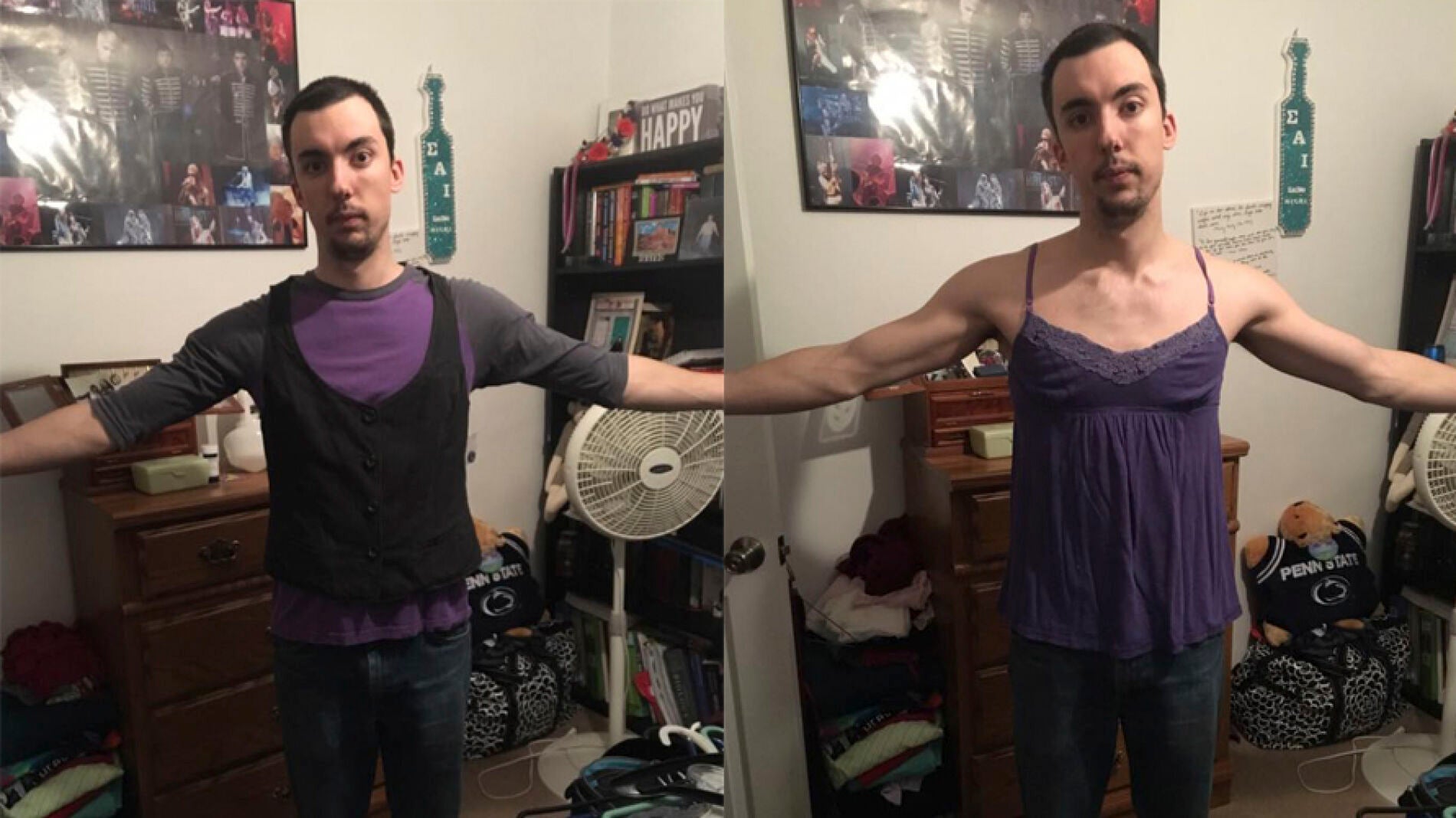 Benjamin Cooper vestido con la ropa de su novia