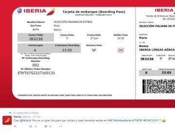 Mensaje de Iberia a Alitalia en Twitter Mensaje de Iberia a Alitalia en Twitter