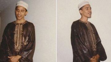 Un joven Barack Obama con el atuendo musulmán.