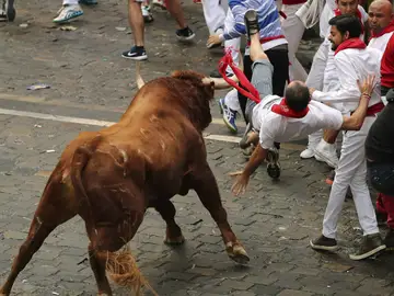 Un toro de la ganadería de Yeltes voltea a un mozo en la Plaza Consistorial Un toro de la ganadería de Yeltes voltea a un mozo en la Plaza Consistorial