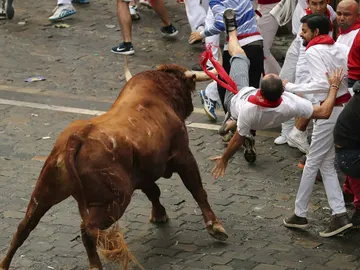 Un toro de la ganadería de Yeltes voltea a un mozo en la Plaza Consistorial Un toro de la ganadería de Yeltes voltea a un mozo en la Plaza Consistorial