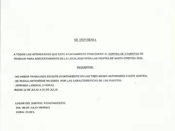 l municipio de Cristina sortea dos puestos de trabajo sólo para hombres l municipio de Cristina sortea dos puestos de trabajo sólo para hombres