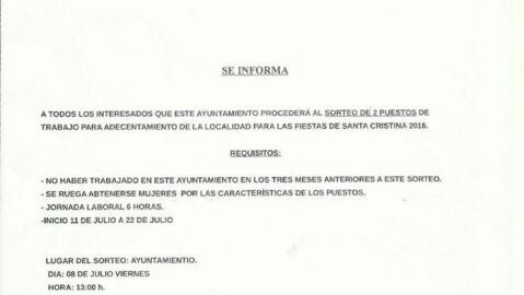 l municipio de Cristina sortea dos puestos de trabajo s&oacute;lo para hombres