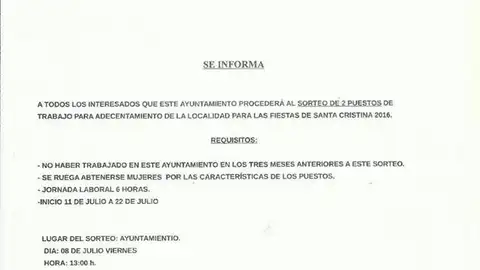 l municipio de Cristina sortea dos puestos de trabajo sólo para hombres l municipio de Cristina sortea dos puestos de trabajo sólo para hombres