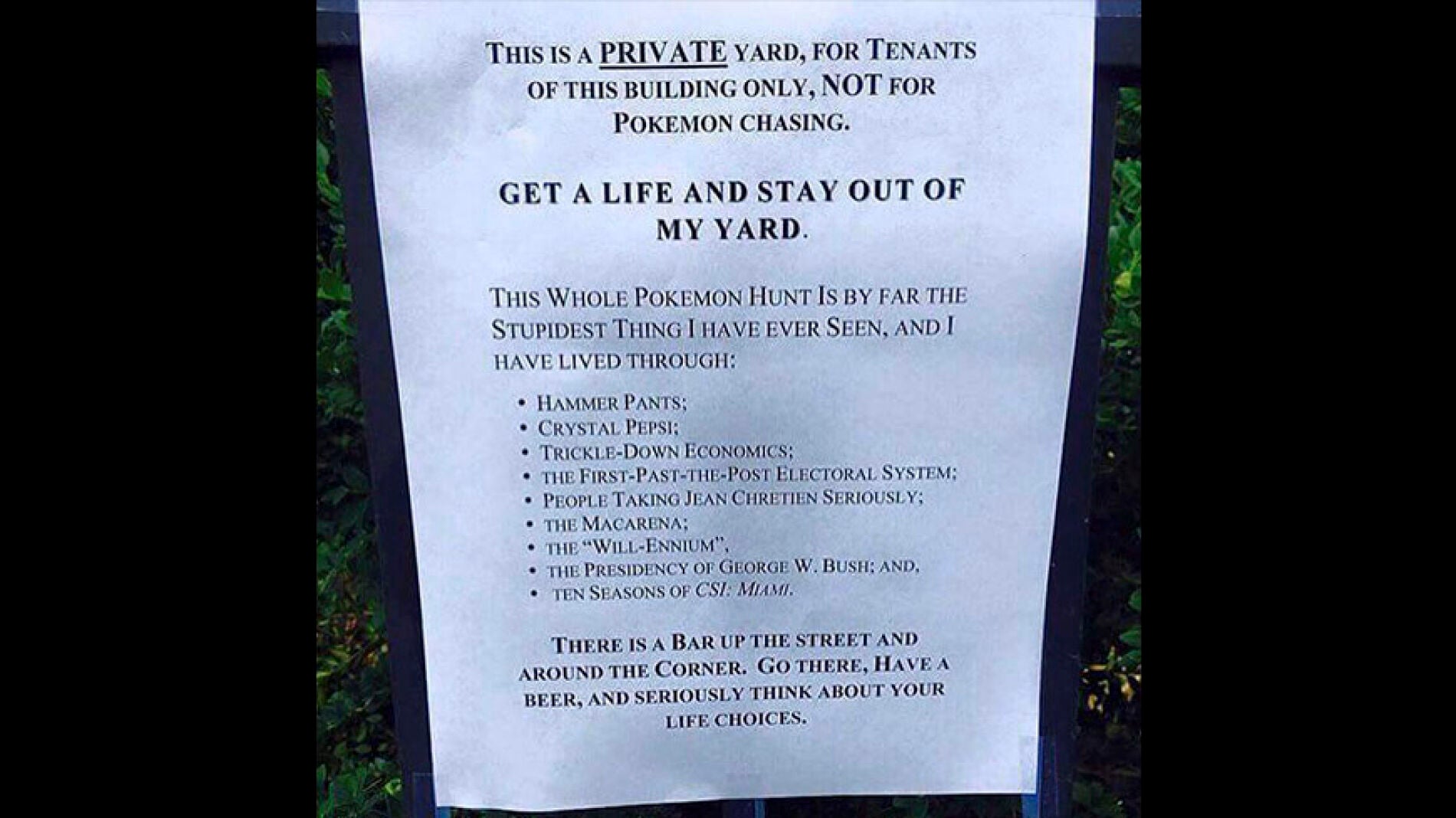  El cartel del jard&iacute;n en contra de Pok&eacute;mon GO 