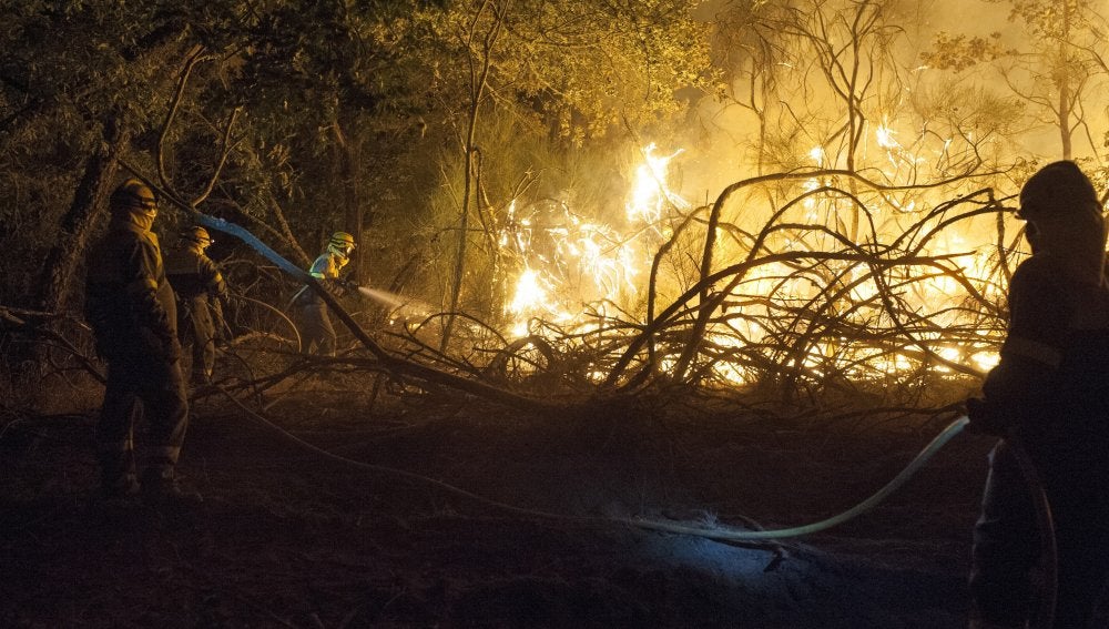 En la imagen, brigadistas trabajando para sofocar las llamas del incendio forestal declarado a última hora de la tarde de ayer en Cualedro