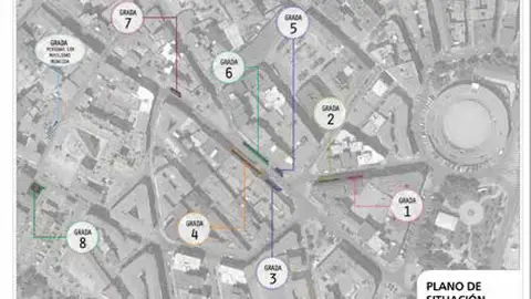 Plano de las gradas de los encierros de Sanse Plano de situación de las nueve gradas instaladas en el recorrido de los Encierros de Sanse 2016