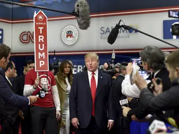 Elecciones EEUU 2020: Donald Trump candidato habla ante los medios de comunicación en la sala de giro después del debate presidencial republicano de Estados Unidos en Las Vegas. Elecciones EEUU 2020: Donald Trump candidato habla ante los medios de comunicación en la sala de giro después del debate presidencial republicano de Estados Unidos en Las Vegas.