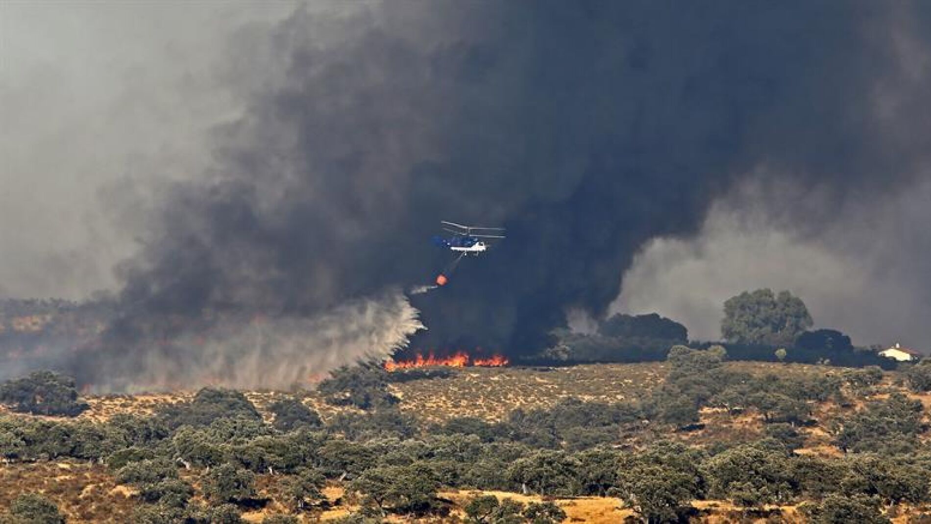 Los medios a&eacute;reos vuelven al trabajo con la salida del sol, para intentar estabilizar el fuego en el Castillo de las Guardas, Sevilla.