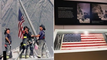 Los bomberos ondeando la bandera (izq)/La bandera expuesta en el museo (d)