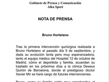 Bruno Hortelano, trasladado a Barcelona en los 'próximos días' Bruno Hortelano, trasladado a Barcelona en los 'próximos días'