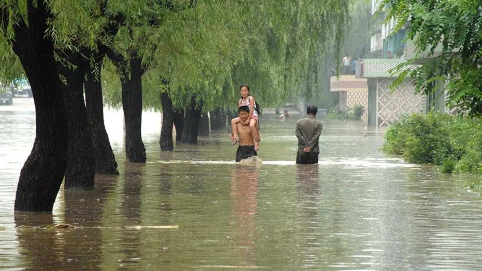 Calle inundada en la ciudad de Anju, Corea del Norte Calle inundada en la ciudad de Anju, Corea del Norte