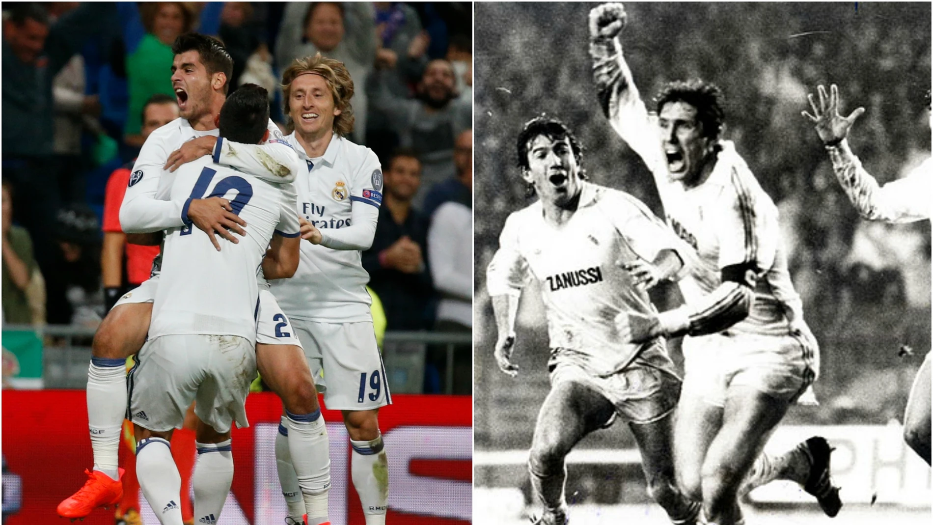 Morata y Juanito celebran dos goles en épocas diferentes con el Real Madrid