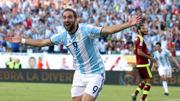 Higuaín celebra un gol con Argentina