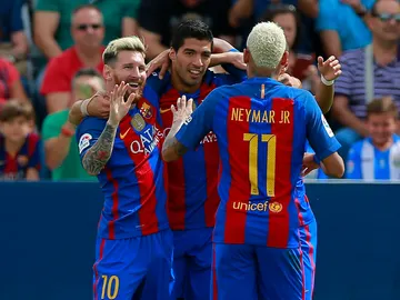 Messi, Suárez y Neymar celebran un gol en Butarque Messi, Suárez y Neymar celebran un gol en Butarque
