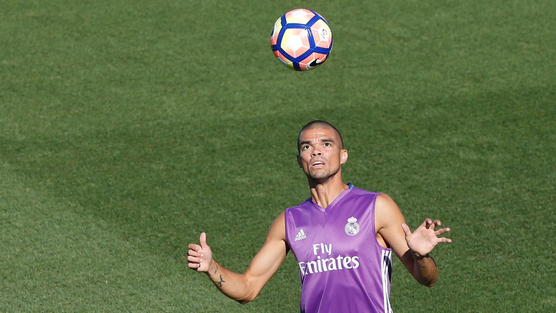 El defensa del Real Madrid, Pepe, en el entrenamiento de Valdebebas.