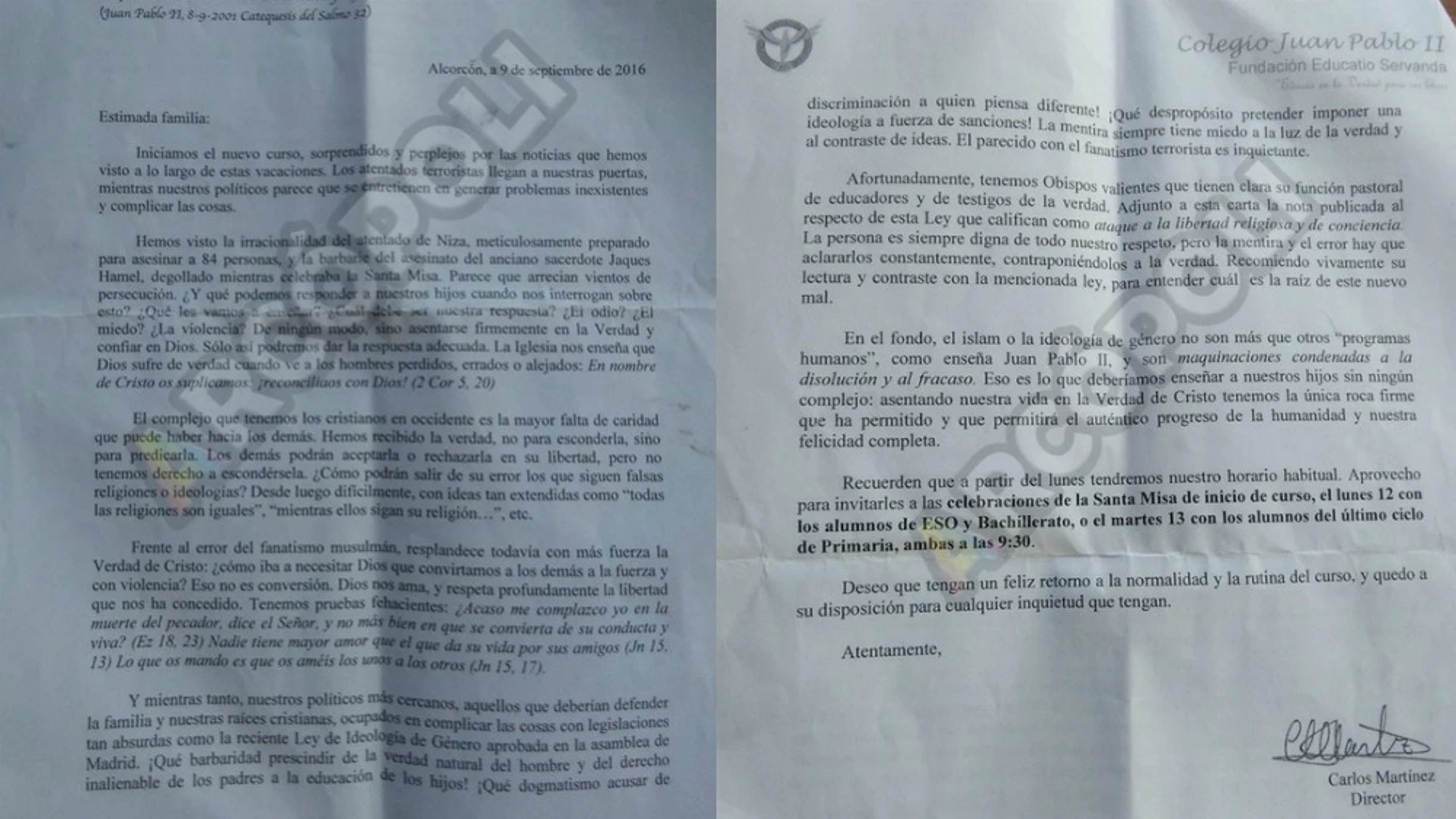 La carta del director del colegio Juan Pablo II de Alcorcón La carta del director del colegio Juan Pablo II de Alcorcón
