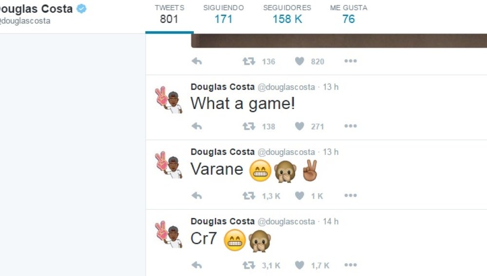 Tuits de Douglas Costa celebrando los goles del Madrid