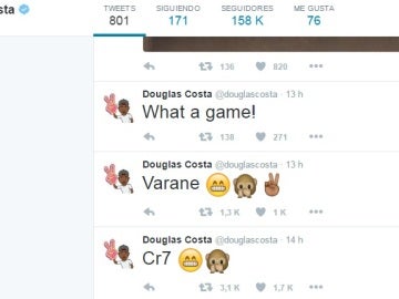 Tuits de Douglas Costa celebrando los goles del Madrid
