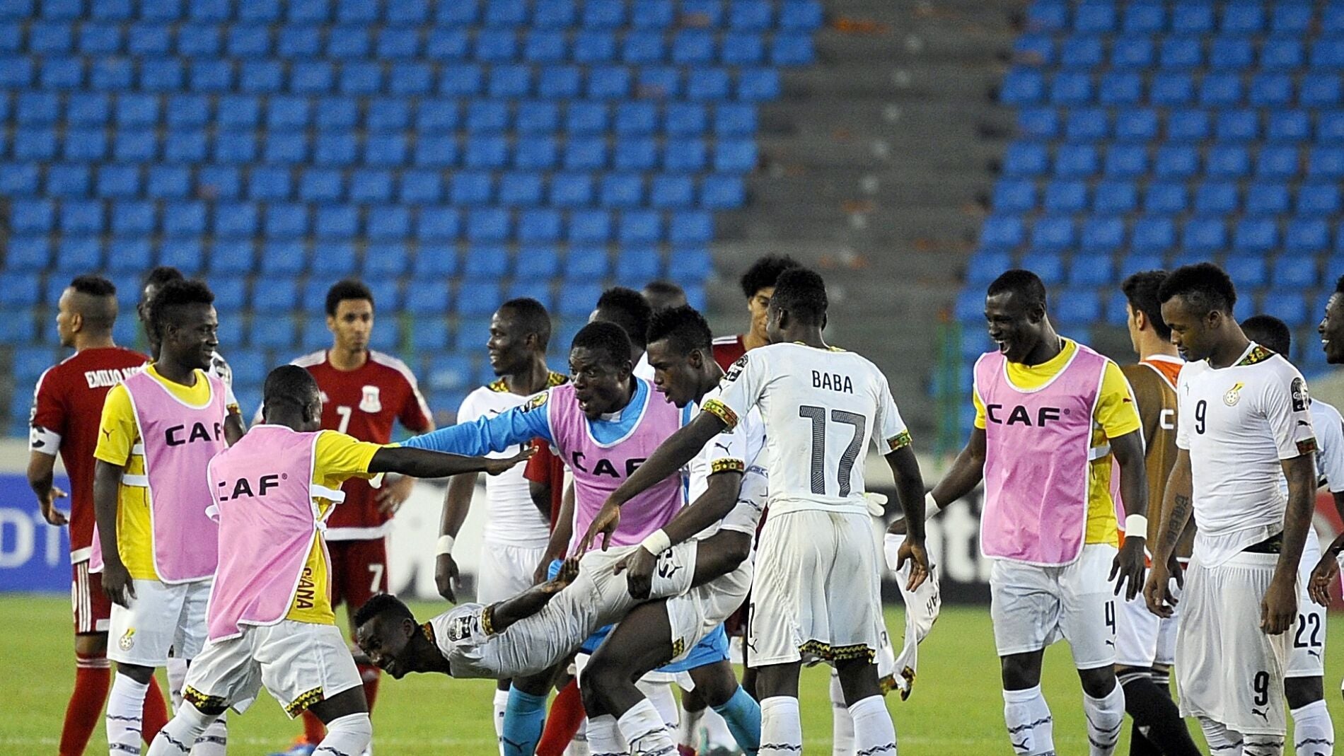 Jugadores de la Selecci&oacute;n de Ghana celebrando un triunfo