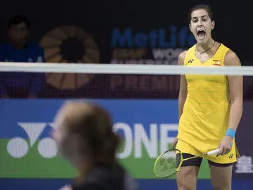 Carolina Marín celebra un punto ante Julie Dawall Jakobsen Carolina Marín celebra un punto ante Julie Dawall Jakobsen