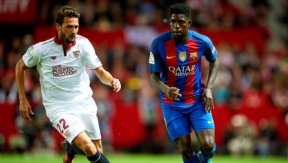 Umtiti, en acción en el Sánchez Pizjuán