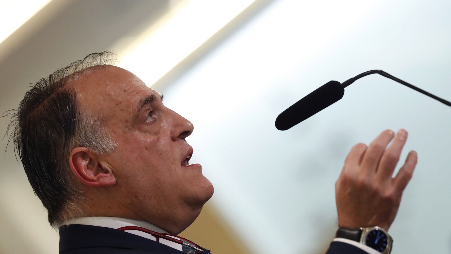 Javier Tebas, durante el acto con la prensa