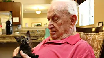 Un anciano cuida a un gatito abandonado