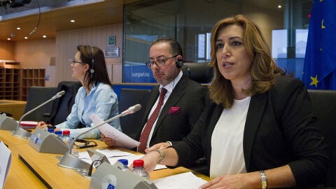 Susana D&iacute;az durante su intervenci&oacute;n ante el Partido Socialista de Europa en el marco de su visita a Bruselas