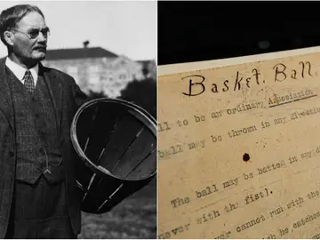 A la izquierda, James Naismith; a la derecha, el original con las primeras normas del baloncesto A la izquierda, James Naismith; a la derecha, el original con las primeras normas del baloncesto