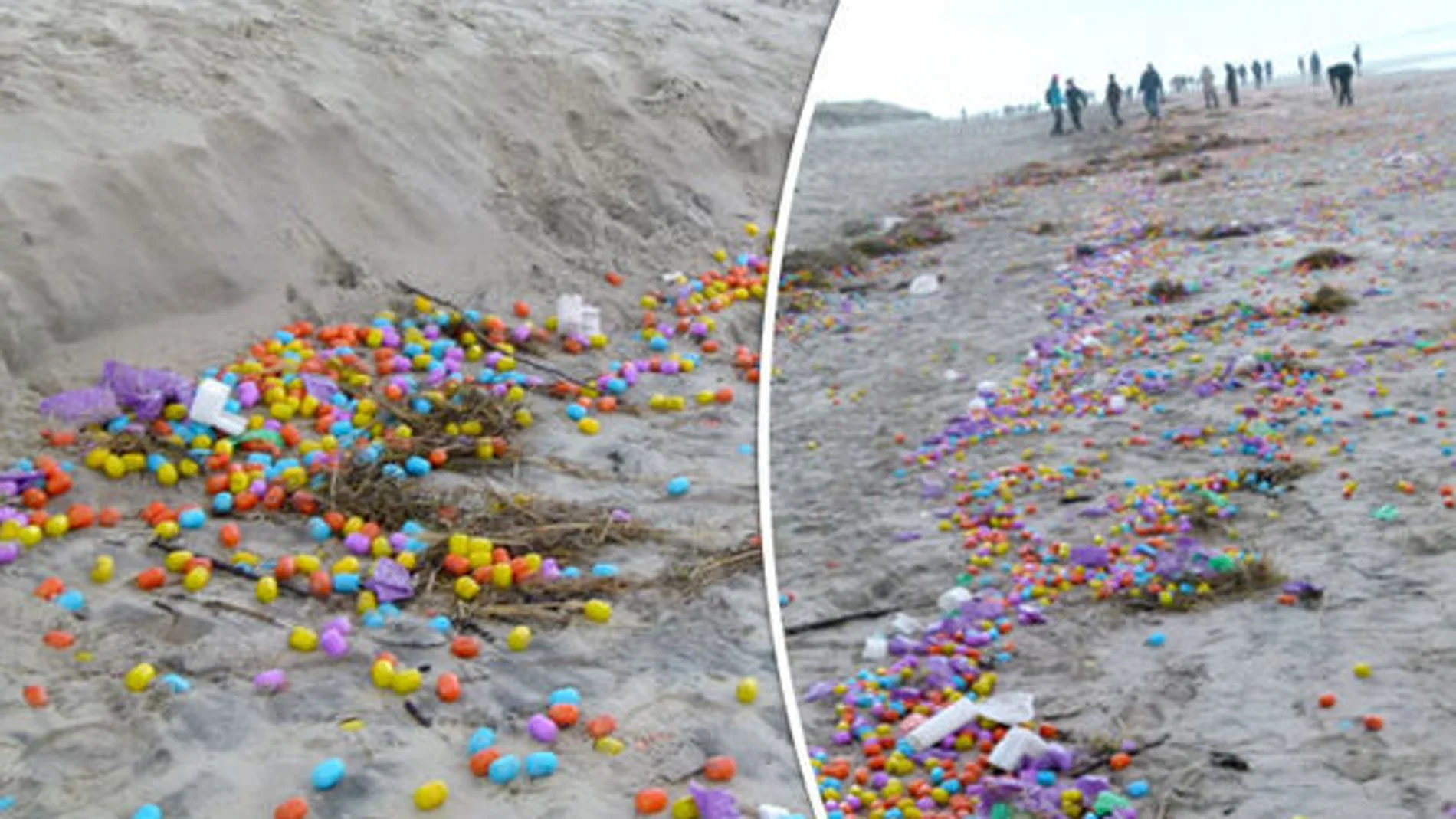 Huevos Kinder esparcidos en una playa Huevos Kinder esparcidos en una playa