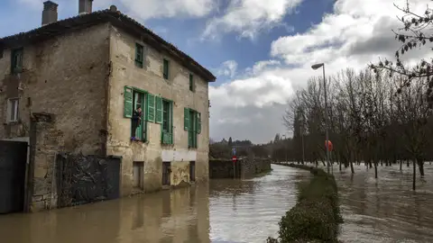 Una mujer observa desde su casa el desbordamiento del río Arga Una mujer observa desde su casa el desbordamiento del río Arga