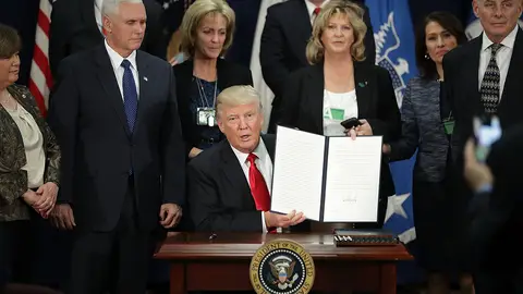 Trump muestra la orden ejecutiva recién firmada Trump muestra la orden ejecutiva recién firmada