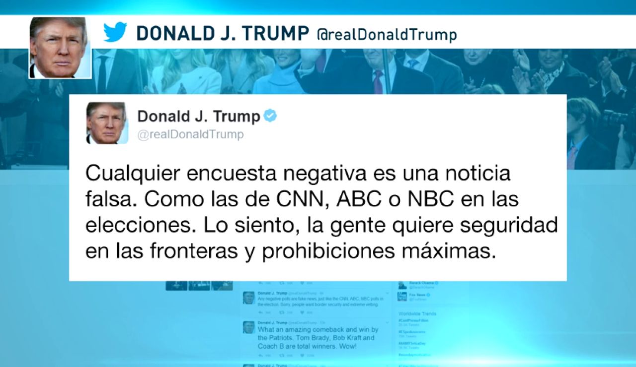 Frame 10.609777 de: El presidente de Estados Unidos considera "noticias falsas" los sondeos negativos sobre su veto migratorio Frame 10.609777 de: El presidente de Estados Unidos considera "noticias falsas" los sondeos negativos sobre su veto migratorio