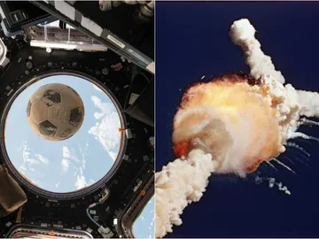 Balón orbitando en la Estación Espacial Internacional (izq) y accidente del Challenger en el 86 (der) Balón orbitando en la Estación Espacial Internacional (izq) y accidente del Challenger en el 86 (der)