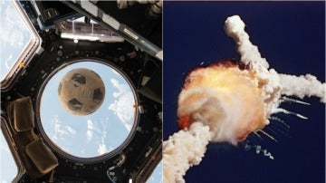 Balón orbitando en la Estación Espacial Internacional (izq) y accidente del Challenger en el 86 (der)