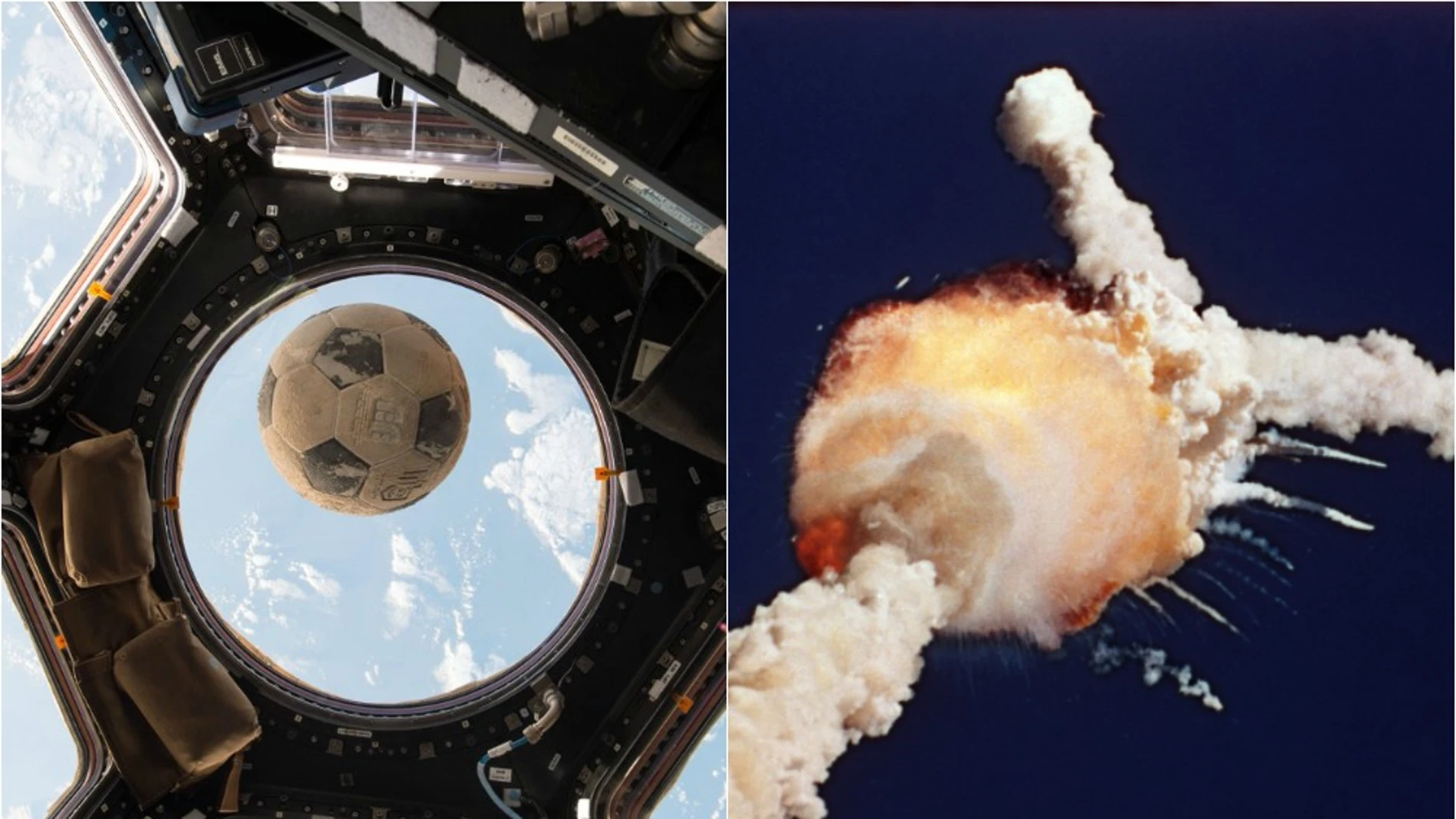 Balón orbitando en la Estación Espacial Internacional (izq) y accidente del Challenger en el 86 (der) Balón orbitando en la Estación Espacial Internacional (izq) y accidente del Challenger en el 86 (der)