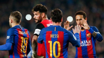 Leo Messi celebra uno de sus dos goles ante el Leganés