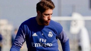 Sergio Ramos, durante el entrenamiento del Real Madrid
