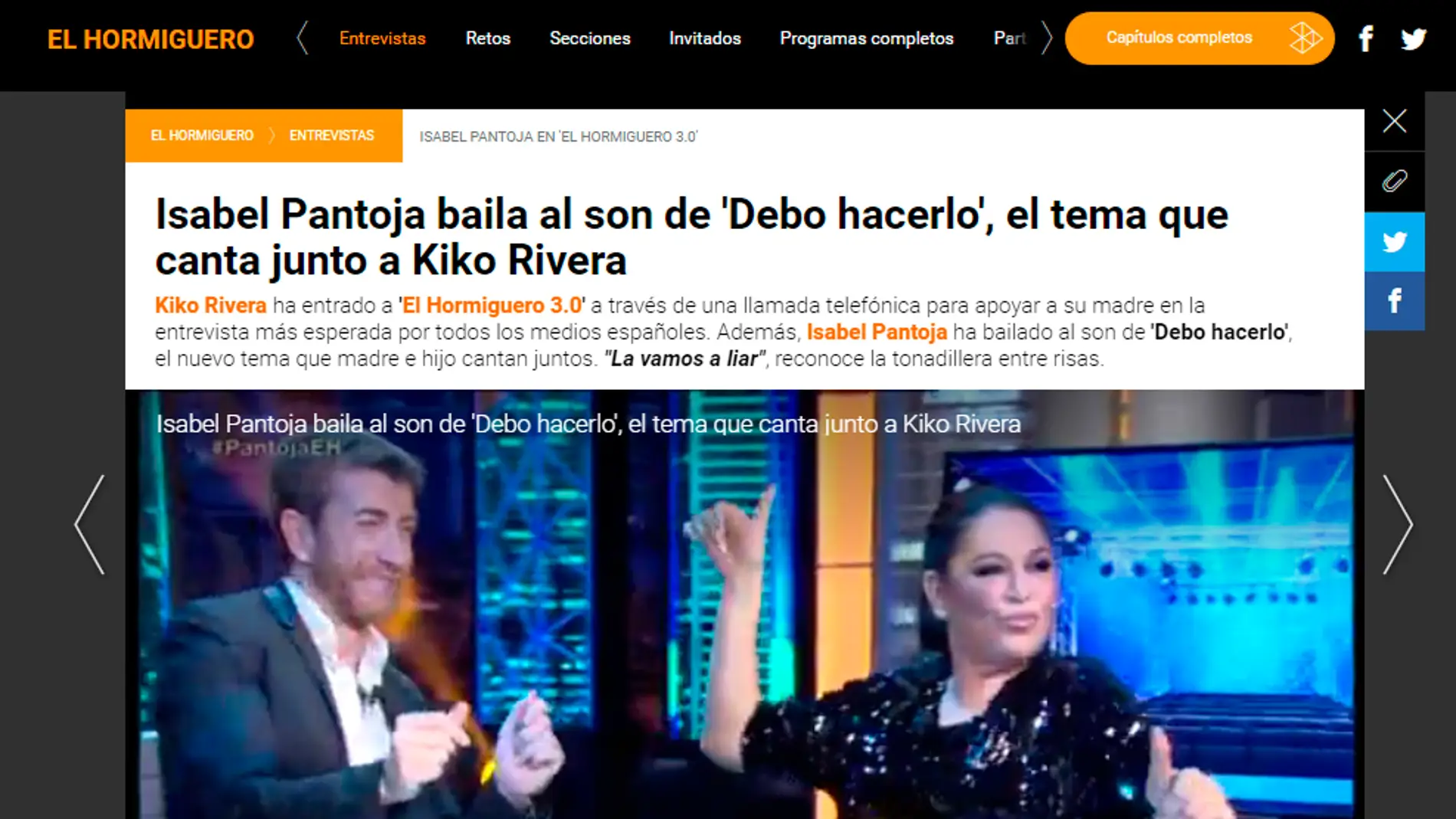 Noticia web de Isabel Pantoja en 'El Hormiguero 3.0'