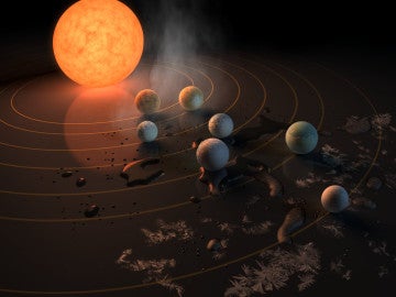 Representación artística que muestra la estrella TRAPPIST-1 y sus planetas marcando su potencial para albergar agua líquida según la temperatura superficial a la que se encuentran 