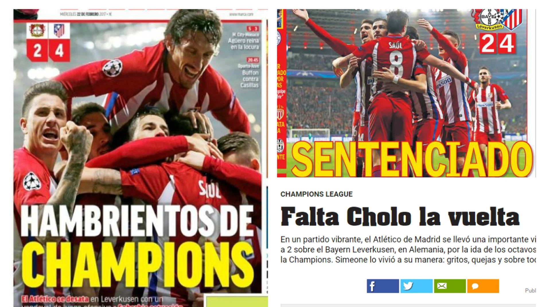 Las portadas tras la victoria del Atleti en Leverkusen