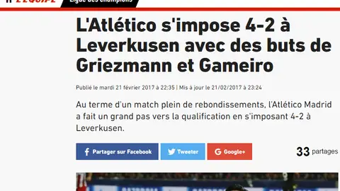 La crónica de 'L'Equipe' tras la victoria del Atlético de Madrid sobre el Bayer La crónica de 'L'Equipe' tras la victoria del Atlético de Madrid sobre el Bayer