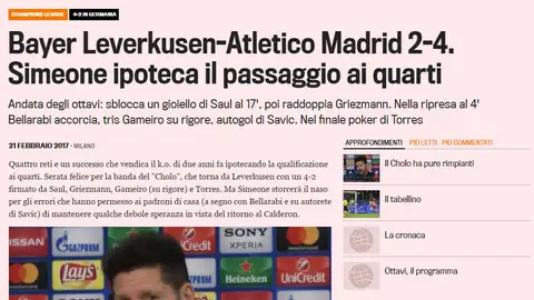 La crónica del Bayer-Atlético de la 'Gazzetta dello Sport' La crónica del Bayer-Atlético de la 'Gazzetta dello Sport'