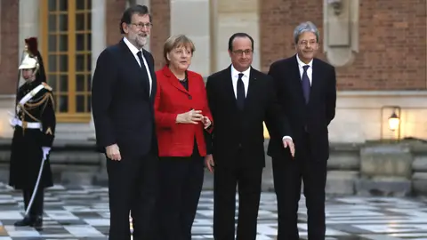 El presidente español, Mariano Rajoy, la canciller alemana, Angela Merkel, el presidente francés, Francois Hollande, y el primer ministro italiano, Paolo Gentiloni El presidente español, Mariano Rajoy, la canciller alemana, Angela Merkel, el presidente francés, Francois Hollande, y el primer ministro italiano, Paolo Gentiloni